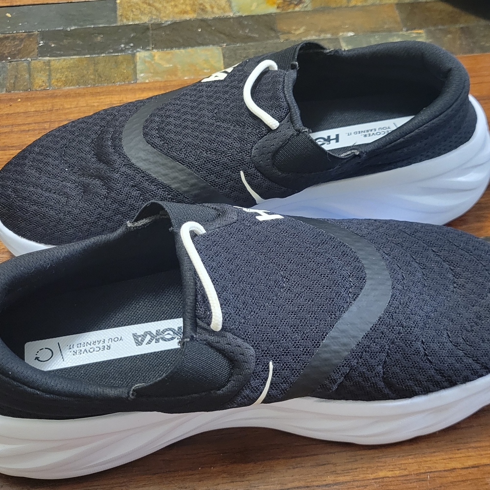 Hoka One Recovery Black and White Knit Slip-Ons